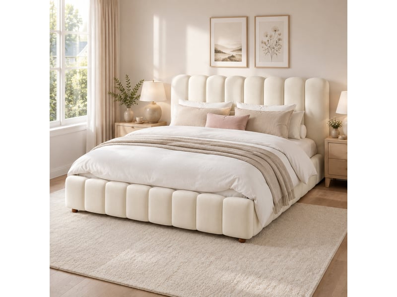  Lit coffre tcqpz 160 x 200 cm hydraulique avec sommier à lattes tête de lit velours beige  - Conforama B