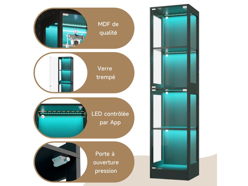 Vitrine en verre 40x35x170cm - quatre niveaux de rangement - éclairage led contrôlable par app - 2 portes - mdf - noir - Conforama W