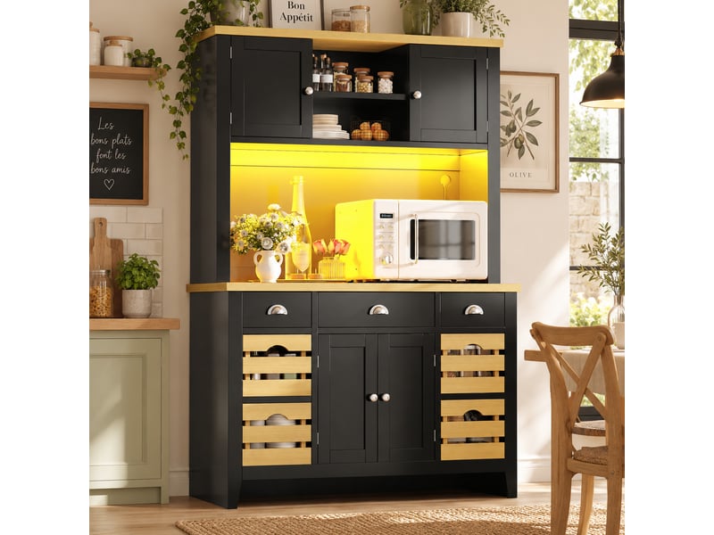 Armoire haute de rangement avec portes, étagères réglables, paniers et éclairage led rgb - noir - Conforama D