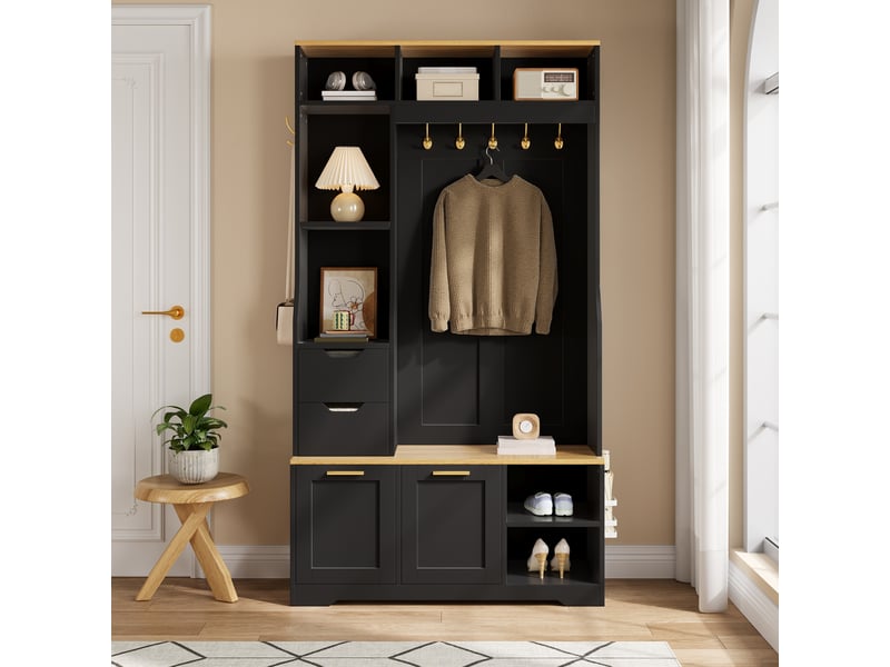 Meuble d'entrée 100 x 32 x 186 cm, banc, 5 patères, 2 tiroirs, 2 abattants à chaussures, led par appli, mdf et panneaux de particules, noir ABC - Conforama B