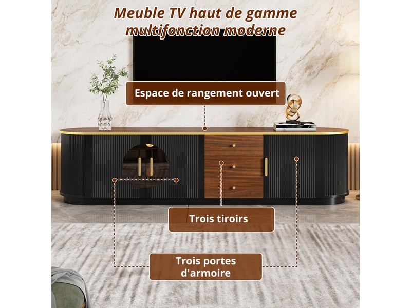  Meuble tv 180 cm banc tv design luxe avec 3 tiroirs et 3 portes en verre marron, bords arrondis, noir et noyer, 180x40x46cm  - Conforama R