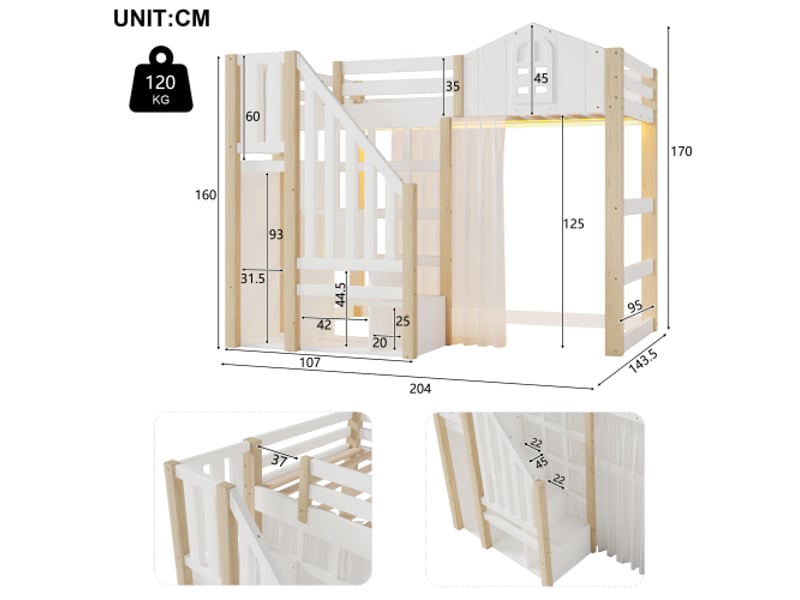  Lit mezzanine adulte 90x200 cm | led, fenêtre décorative, blanc et naturel  - Conforama C