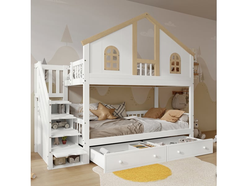 Lit superposé enfant 90x200 cm – blanc et naturel – escalier de rangement et tiroirs – sans matelas - Conforama B