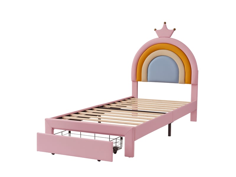  Lit enfant rembourré rose 90 x 200 cm, tête de lit réglable, tiroir, revêtement pu  - Conforama E