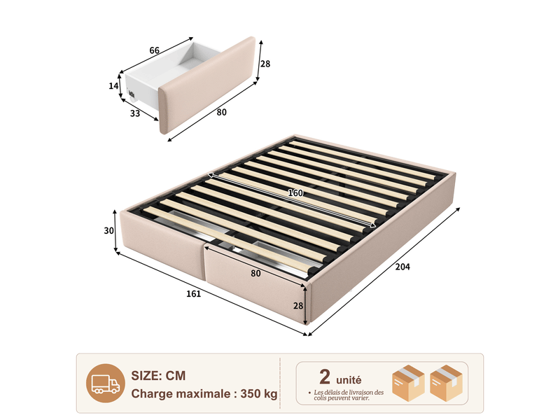  Lit coffre 160x200 sans tete de lit, cadre en lin - 12 lattes - montage rapide et facile - grand espace de rangement en dessous - capacité de charge 350 kg, lin beige  - Conforama C