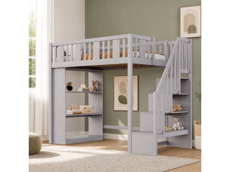 Lit mezzanine enfant 90x200 cm avec escalier de rangement gris - Conforama B
