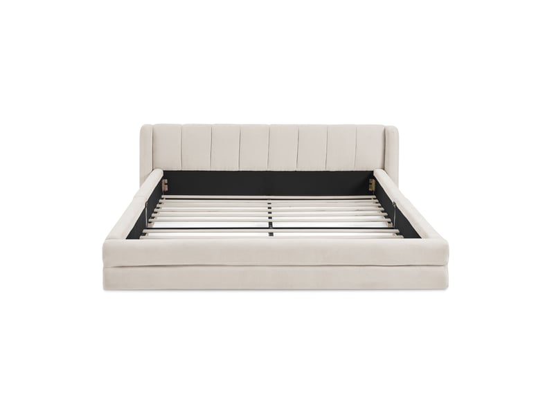  Lit 140 x 200 cm, tête de lit ergonomique en tissu chenille, structure renforcée, style minimaliste, beige, sans matelas  - Conforama A