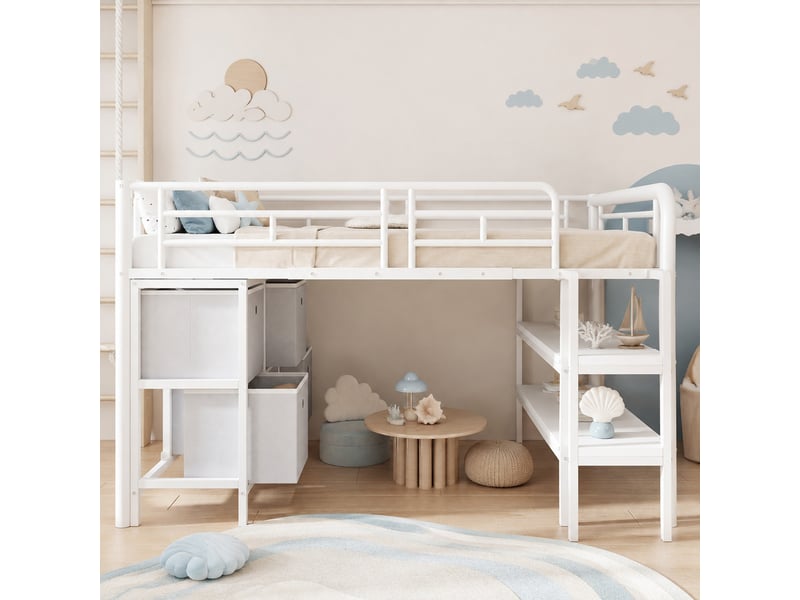 Lit mezzanine enfant bas 90 x 200 cm en métal blanc avec rangements - Conforama D