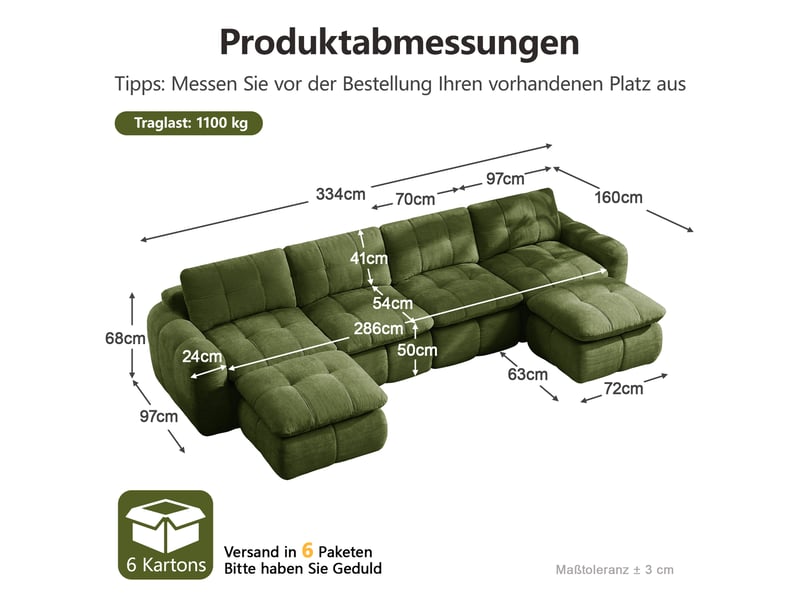 Canapé d'angle en u 4 places sans cadre, canapé modulaire, housse chenille verte, sans montage, 2 poufs pour salon et appartements - Conforama C