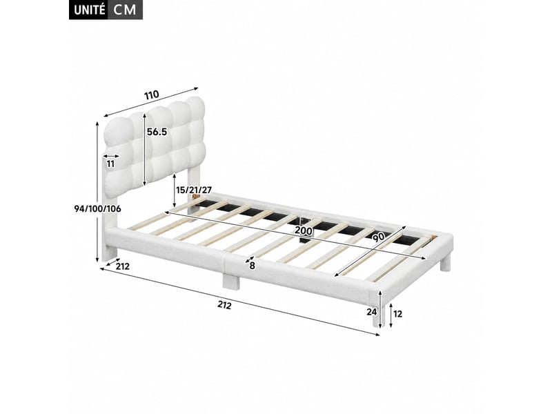  Lit simple rembourré 90x200 cm en peluche et mdf avec tête de lit réglable sur 3 positions, blanc, sans matelas  - Conforama D