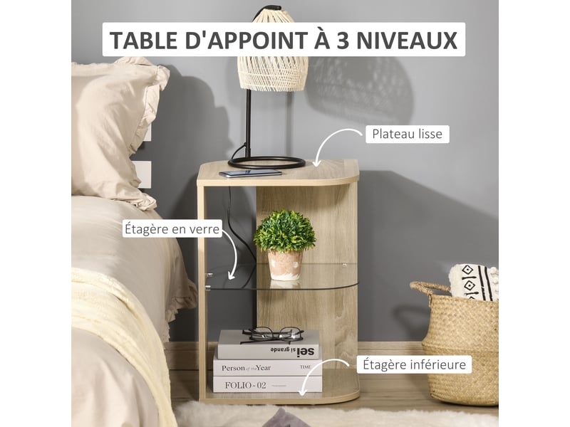  Table d'appoint guéridon design contemporain bout de canapé verre étagère trempé bois naturel  - Conforama E