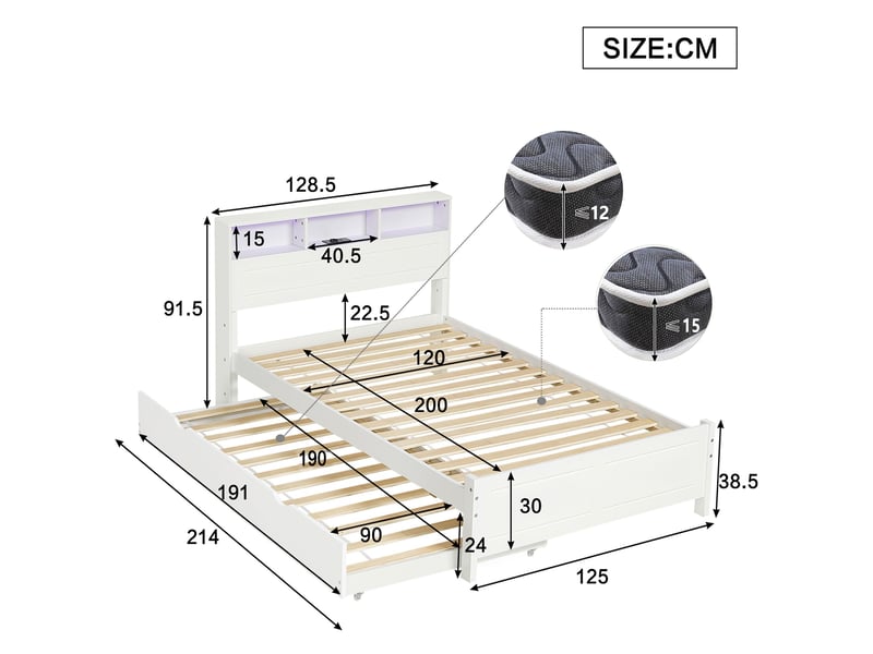 Lit familial 120x200 cm avec lit gigogne 90x190 cm-led et prise usb-rangement intégré en pin et mdf-blanc - Conforama C