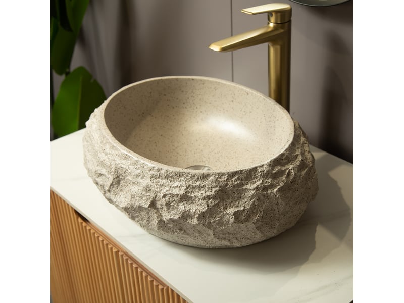  Vasque à poser en résine avec motif pierre irrégulier, sans robinet, pour salle de bain, 62×52×28 cm, beige  - Conforama C