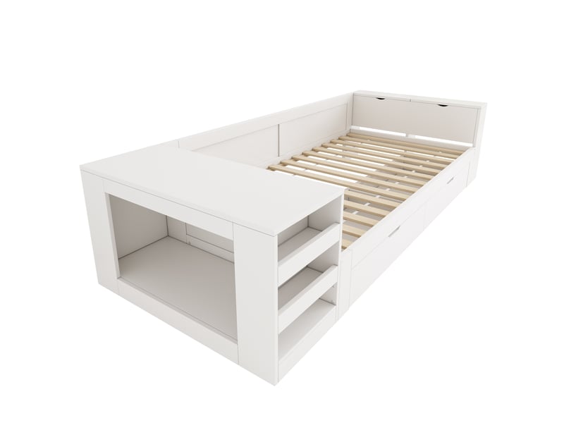  Lit simple avec tiroirs et rangement, blanc, 90 x 200 cm, sans matelas  - Conforama E
