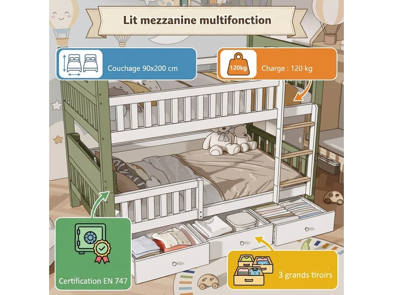 Lit superposé enfant 90 × 200 cm 2 places avec 3 tiroirs, échelle et étagère, sans matelas, en bois, blanc et vert - Conforama E