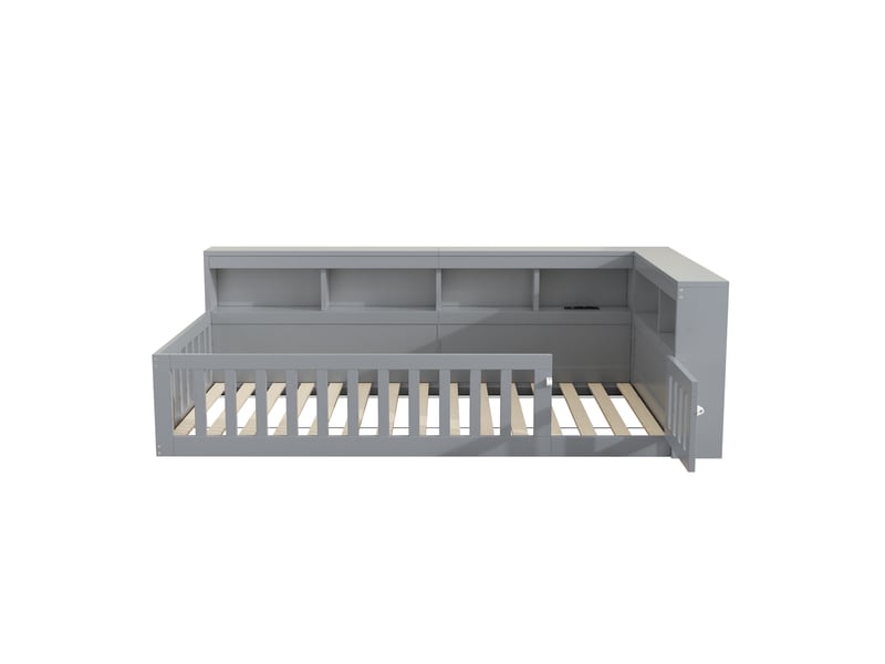  Lit enfant 90x200 cm, canapé-lit,  rangement, prise et usb, sommier, aggloméré, gris, sans matelas  - Conforama E