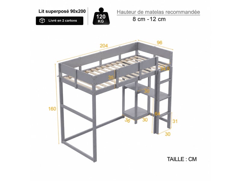 Lit mezzanine enfant 90 x 200 cm avec étagère intégrée, structure en pin massif, sommier à lattes, gris - Conforama C