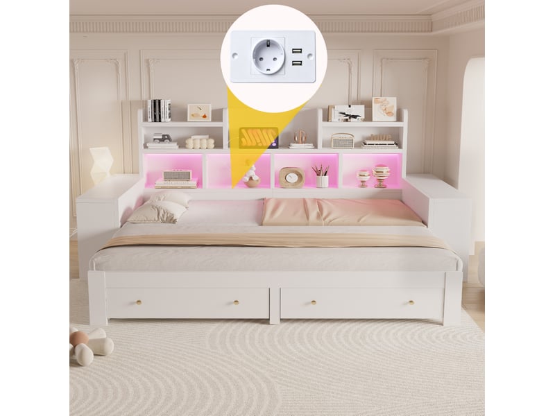  Canapé-lit extensible 90x200 cm en mdf blanc avec rangements, tiroirs, led et prise intégrée, sans matelas  - Conforama E