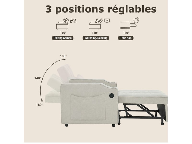  Fauteuil convertible 1 place - 190x85x86 cm - fauteuil 3-en-1 avec ports usb type-c et porte-gobelet avec fonction de lit- beige  - Conforama D