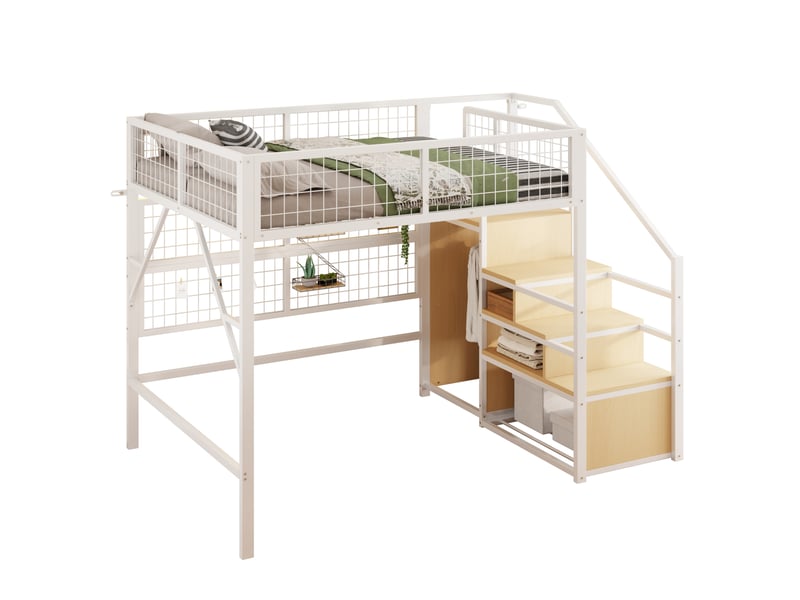  Lit mezzanine enfant et adolescent 140 x 200 cm blanc avec escalier de rangement et led pilotées par application  - Conforama A