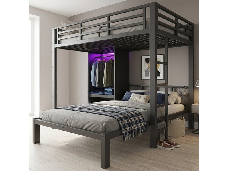  Lit superposé 120 × 200 cm avec 2 couchages, armoire intégrée, led et échelle droite pour chambre 204 × 207 × 170 cm  - Conforama D