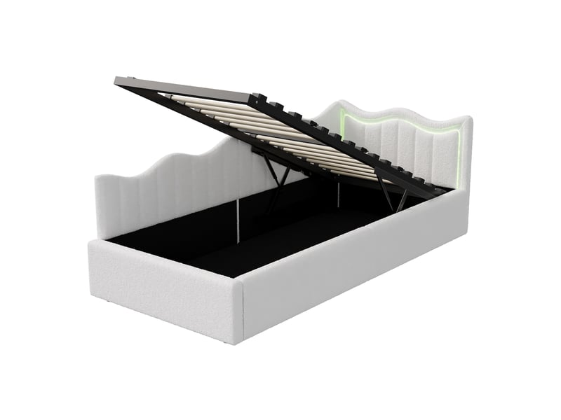  Lit enfant 90x200, tête de lit ondulée, mécanisme hydraulique, bande lumineuse led, tissu teddy blanc  - Conforama A
