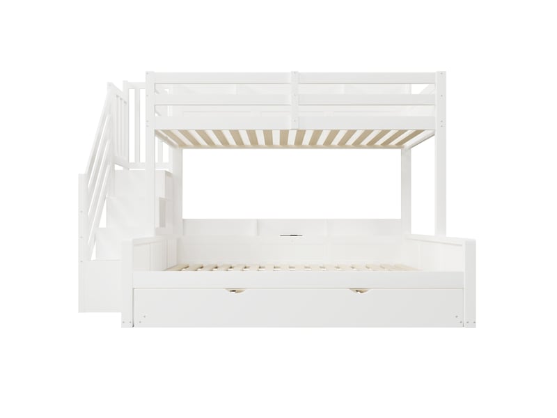  Lit superposé 90x200+140x200 cm avec lit gigogne, rangement et usb blanc, sans matelas  - Conforama R