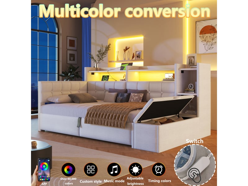  Lit de jour canapé-lit, 90 × 200 cm, blanc, mdf et velours, coffre hydraulique, banquette coffre, rangements, led, usb + type-c  - Conforama E