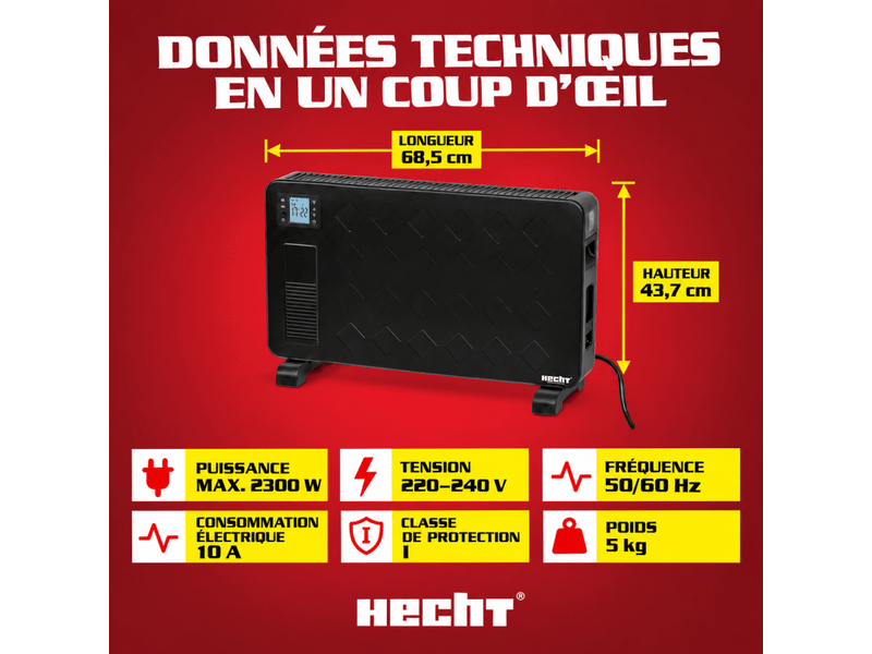  Radiateur électrique 2300 w thermostat 5-37°c télécommande minuterie 24h écran lcd noir  - Conforama E