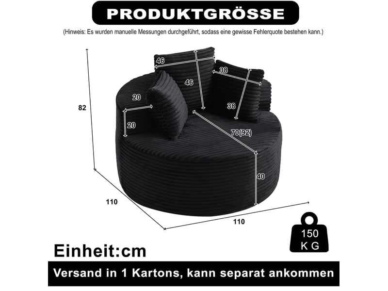  Fauteuil pouf rond 1 place avec trois coussins, larges accoudoirs et dessous antidérapant en velours côtelé noir  - Conforama C