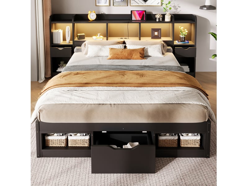  Lit plateforme 140 × 200 cm avec 3 tiroirs, led et prise usb, rangement tête et pied de lit pour chambre, noir  - Conforama D
