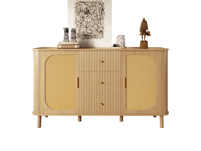  Buffet naturel, rangement, gestion des câbles, rotin, design moderne, angles arrondis - mdf et métal et bois - 140x40x80cm  - Conforama A