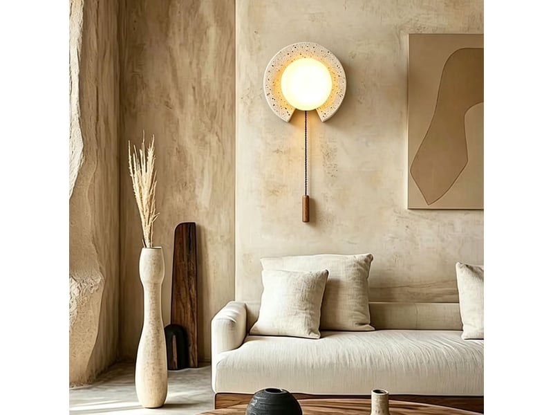  Applique murale style wabi-sabi travertin jaune interrupteur à tirette d21.5cm  - Conforama C