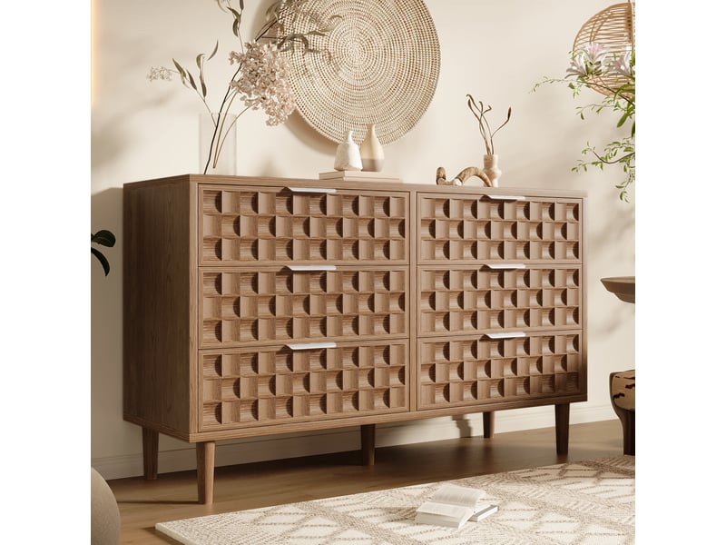  Commode 6 tiroirs 120x37x77 cm, commode de chambre et buffet bas de salon, meuble de rangement avec façades en relief, style mid-century - chêne  - Conforama D