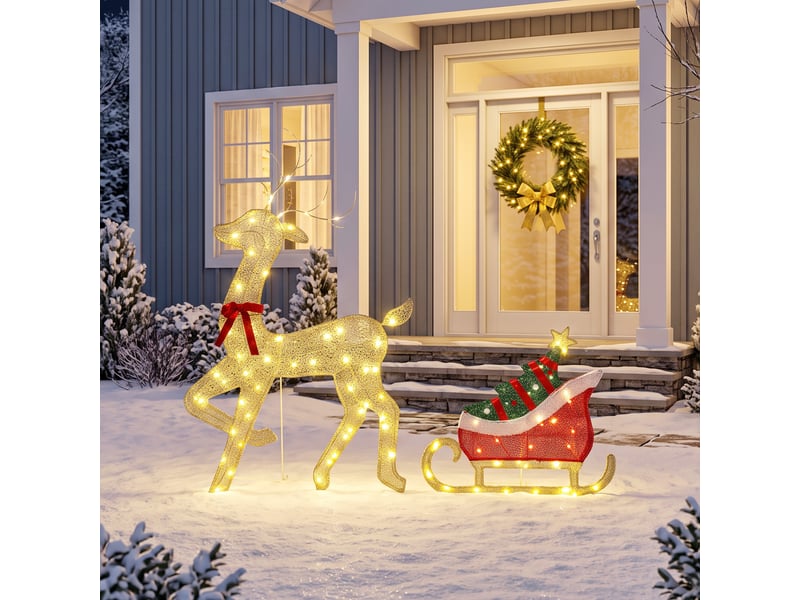  Renne et traîneau lumineux, décoration de noël extérieure, 95 led blanc chaud, 8 modes, minuterie quotidienne  - Conforama D