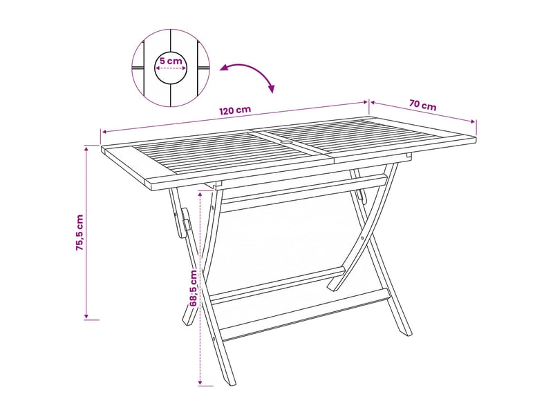 Vidaxl table de jardin pliante naturel 120 x 70 x 75,5 cm - Conforama C