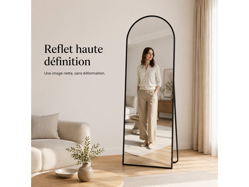 Miroir psyché arqué sur pied 164x54 cm, miroir pleine longueur arqué avec cadre en alliage d'aluminium, miroir de coiffeuse, miroir sur pied inclinable ou suspendu, noir - Conforama D