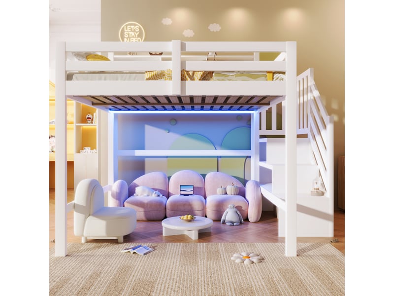  Lit mezzanine 140x200cm avec led, grand rangement sous le lit, échelle étagère, sans matelas, blanc fixe  - Conforama D