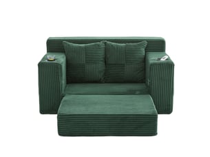 Canapé 2 places kaki en velours côtelé avec pouf, 2 coussins, porte-gobelet et rangement latéral