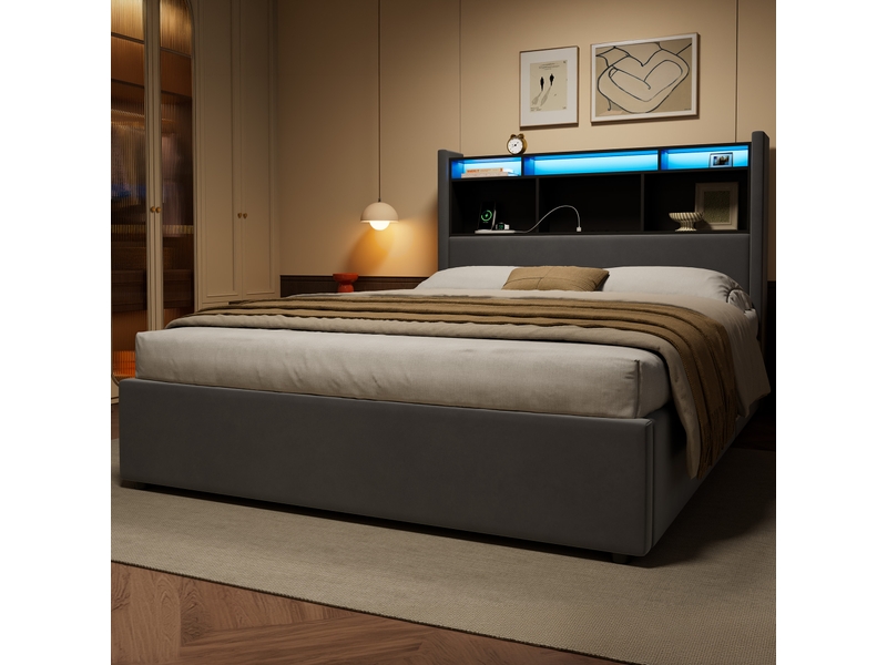  Lit simple 140×200 cm, led, prises et rangements ouverts en tête de lit, lit rembourré avec veilleuse, sans matelas - gris  - Conforama C