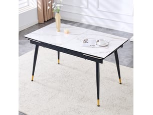 Table de salle à manger extensible en pierre frittée avec plateau effet marbre, structure en métal noir et pieds dorés