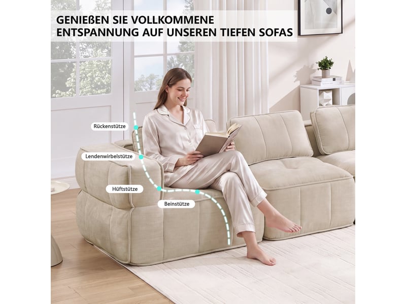 Canapé modulable, canapé 3 places, en tissu, beige, pour salon, mobilier pour espace de vie, adapté à l'espace de vie - Conforama E