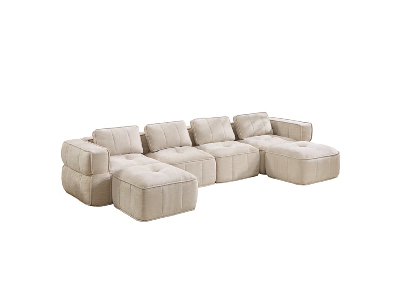 Canapé modulable en u 4 places avec 2 poufs, en polyester beige - Conforama E