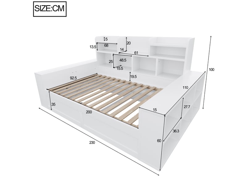  Canapé-lit multifonctionnel 90 x 200 cm blanc, mdf et contreplaqué, rangement hydraulique et éclairage led intégré  - Conforama C