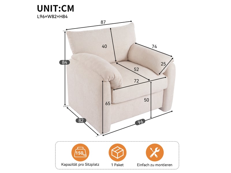 Fauteuil 1 place 96x82x84 cm, design moderne, chaise décorative, convient au salon, à la chambre, tissu chenille beige - Conforama C