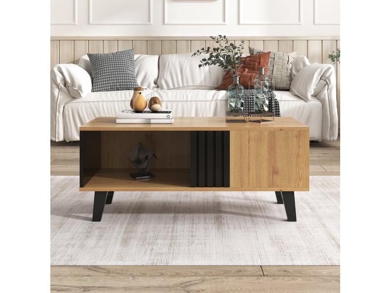  Table basse 100x60x45 cm avec rangements, noir et couleur bois  - Conforama D