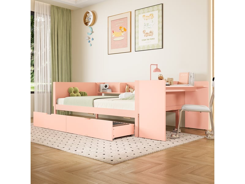  Lit enfant 90 x 200 cm avec bureau, 2 tiroirs et 3 étagères, pin et panneau de particules, rose Fay Lum - Conforama R