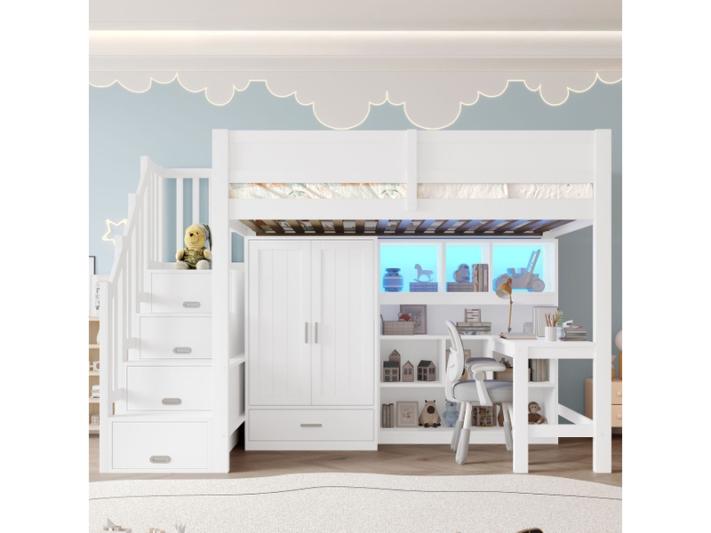  Lit mezzanine avec bureau 90 x 200 cm bureau intégré étagère intégrée armoire intégrée escalier de rangement éclairage led finition blanche  - Conforama B