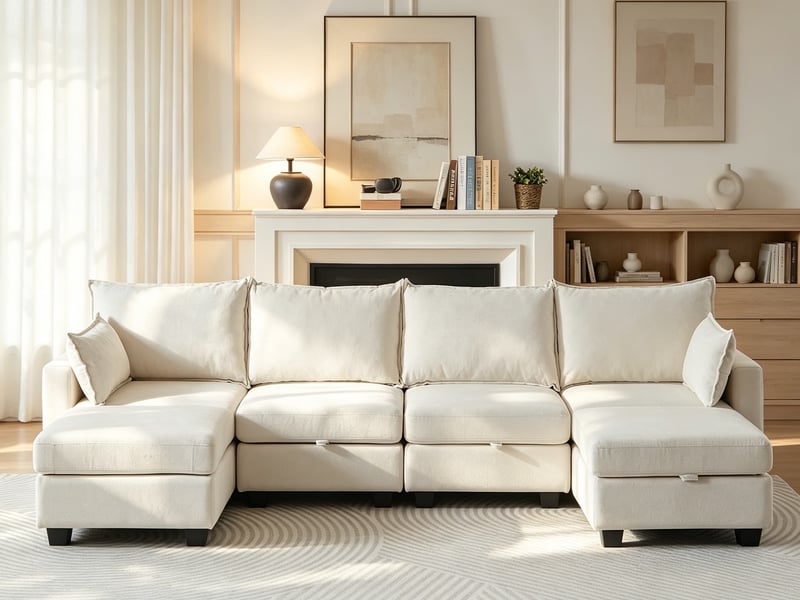  Canapé d’angle, modulable en chenille, forme u, ottomane de rangement, 6 places avec méridienne, 87,6x289,6x141 cm, beige  - Conforama B