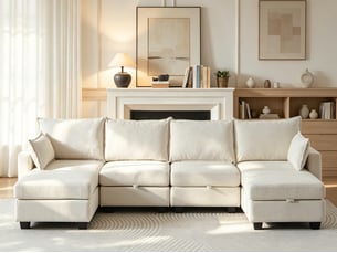 Canapé d'angle réversible fixe <strong>BGSRYAO</strong> <strong></strong> 6 places Tissu beige avec coffre de rangement